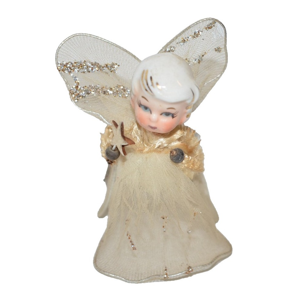 Vtg 1950s Holt Howard Porcelain Angel Figurine Tulle Skirt Wand Chenille Arms 3"